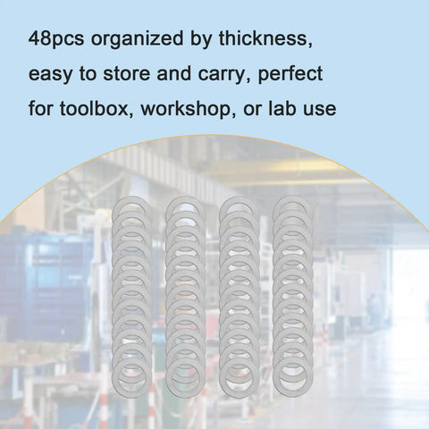 48 Pack M10 X 16 Millimeter 304 Stainless Steel Shim Washers organized by thickness for toolbox and workshop use.