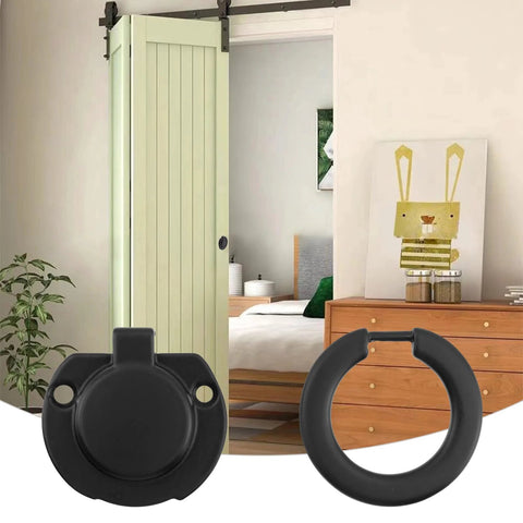 Four Pack Matte Black Recessed Ring Pull Handles For Cabinets And Drawers shown in a bedroom with barn door, zinc alloy finish.