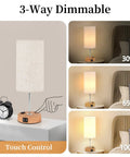 Touch Bedside Table Lamp With USB Port And AC Outlet 3 Way Dimmable Nightstand Lamp With Wood Base And Round Flaxen Fabric Shade