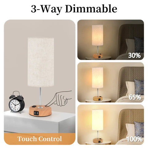 Touch Bedside Table Lamp With USB Port And AC Outlet 3 Way Dimmable Nightstand Lamp With Wood Base And Round Flaxen Fabric Shade
