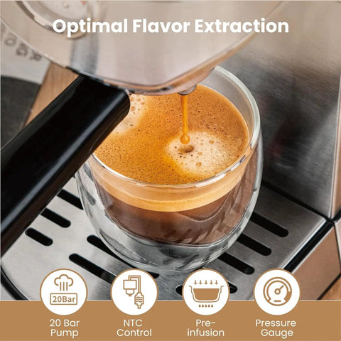 This 20 Bar Espresso Machine Straight Slaps With An Auto Milk Frother And Compact Stainless Steel Build delivering espresso extraction.