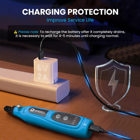 Hella Versatile Mini Cordless Rotary Tool With Five Speed Settings Up To Fifteen Thousand Rpm And A Knockout Forty Three Piece Accessory Kit For Engraving Drilling Sanding And Detailing charging with a USB connection.