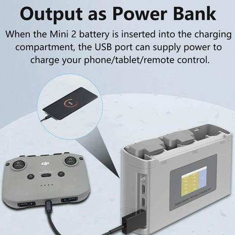 Two Pack 2400mAh 7.7V Battery Set With Display Charging Hub For DJI Mini 4K Mini 2 Mini 2 SE Mini SE, showing power bank feature