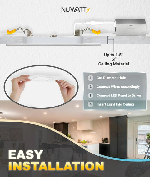 Diagram showing installation steps for Six Inch Square Ultra Thin LED Recessed Light With Five Color Temperatures.