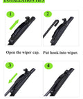 Installation tips for Rock Solid Heavy Duty 26 Plus 22 Inch Wiper Blades Set Of 2 with step-by-step images for proper fitting.