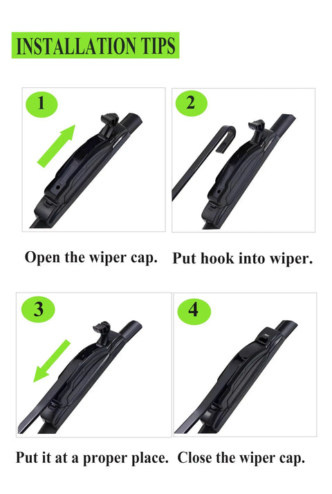 Installation tips for Rock Solid Heavy Duty 26 Plus 22 Inch Wiper Blades Set Of 2 with step-by-step images for proper fitting.