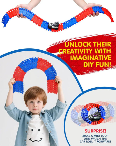 Child holding Spider Themed Race Track Set For Kids Ages 3 To 8 With Two Spider Cars And 212 Flexible Track Pieces, STEM Building Toy Gift