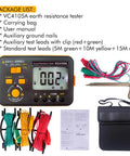 Earth Resistance Tester With 3 Resistance Ranges 20 Ohms, 200 Ohms, And 2000 Ohms, Digital Grounding Meter Up To 750 Volts AC shown with accessories