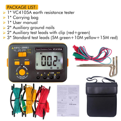Earth Resistance Tester With 3 Resistance Ranges 20 Ohms, 200 Ohms, And 2000 Ohms, Digital Grounding Meter Up To 750 Volts AC shown with accessories