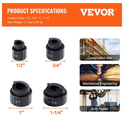 Product specifications of the Heavy Duty Hydraulic Knockout Punch Kit 4 Piece Set, showing dies for 1/2, 3/4, 1, 1-1/4 inch conduit holes.