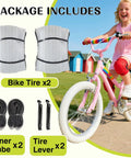 Two Pack 16X2.125 Bike Tires With Inner Tubes And Tire Levers For 16/18/20 Inch Kids Bikes And BMX White Fits Most Rims 16X1.95 16X2.10 16X2.125 36 PSI with a child riding a pink bike and packages of tires and tools displayed.