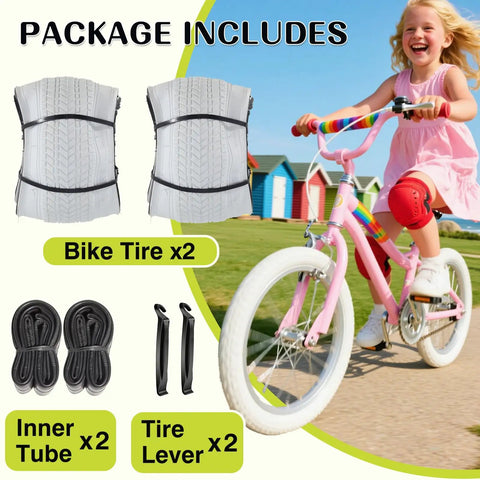 Two Pack 16X2.125 Bike Tires With Inner Tubes And Tire Levers For 16/18/20 Inch Kids Bikes And BMX White Fits Most Rims 16X1.95 16X2.10 16X2.125 36 PSI with a child riding a pink bike and packages of tires and tools displayed.