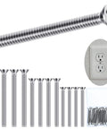 30 Pack Extra Long Electrical Outlet Screws In Mixed Sizes 1.5 Inches displayed with stainless steel, suitable for wall boxes and backsplash extenders.