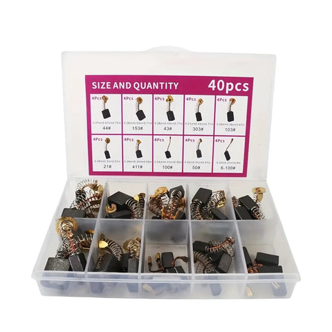 Industrial Electric Motor Brush Set Pro Grade 40 Pcs In 10 Sizes Copper Alloyed Carbon Brushes organized in a transparent box