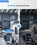 Comparison of Eight Pack T5 LED Shop Lights 4 Feet in a garage showing no flicker and energy saving vs other lighting