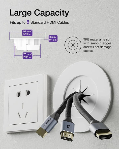 In-Wall Cable Management Kit With Hole Saw Drill Attachment And Mounting Brackets, cables passing through white grommet