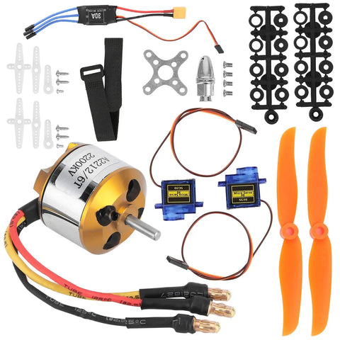 Kickass Rc Aircraft Motor And 30a Esc Set With 2212 Kv2200 Brushless Motor, propellers, servo kit, and hardware components.