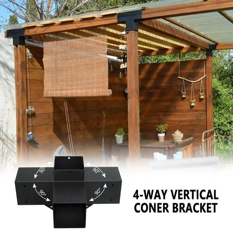 Heavy Duty 4 Way Right Corner Pergola Brackets Kit For 3.5 Inch Wood Beams And 4x4 Posts With Post Anchors Built For Patio Pergolas Gazebos And Log Cabins 4 Pack installed on a wooden pergola.