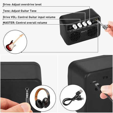 Guitar Mini Amp 5W Rechargeable Bluetooth Amplifier For Desktop Practice showing control knobs, headphone jack, and USB-C port.