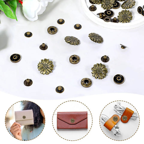 10 Sets Vintage Flower Snap Buttons For Leather And Fabric Metal Zinc Alloy Button Fasteners Dope Flower Craft Snaps For Clothes DIY Sewing Projects And Decor displayed on a table with examples of use on leather and fabric items.