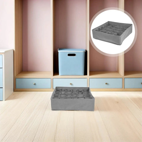Set Of Three Foldable Cloth Underwear Organizers To Chill Out Drawer Chaos And Keep Your Closet Fresh While Giving Delicate Bras Extra Love During Your Busy Weekday Hustle in grey fabric, open layout for organized storage.