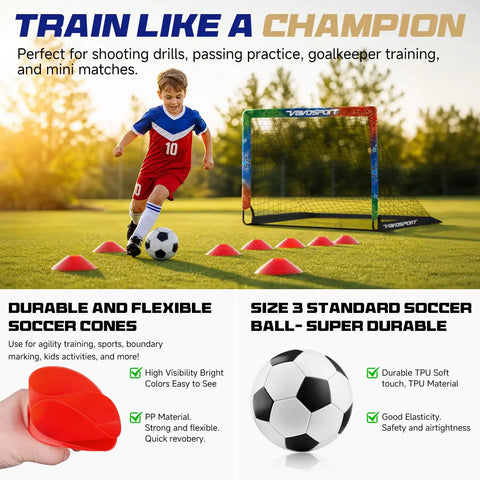 Child playing with Two Pack Easy Fold Pop Up Kids Soccer Goals For Backyard Play With Net Size 3 Soccer Ball Pump 10 Training Cones