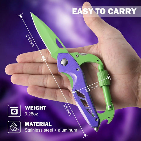 Hand holding Six In One Multitool Carabiner with folding knife and bottle opener, purple and green, dimensions shown