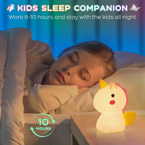 Unicorn Night Light For Kids With Dimmable Multi Color Glow Rechargeable Silicone Unicorn Lamp For Girls Bedroom next to a sleeping child