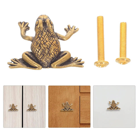 Vintage Brass Frog Cabinet Knob With Lucky Toad Motif shown with installation screws for bedroom dresser and retro drawer pull