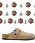 Heavy Duty Zinc Alloy Replacement Rivets For Cork Potato Clogs And Suede Rubber Footwear With Screwdriver, 10-pack rivets and beige clog.