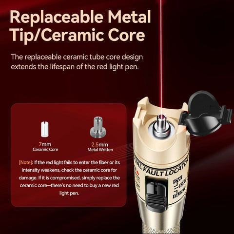 Front view of visual fault locator kit with red beam, beige body, replaceable ceramic core tip and 2.5mm metal connector.