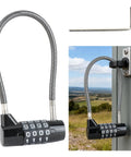 Heavy Duty 4 Digit Combo Cable Lock With Resettable Braided Steel Wire And Smooth Protective Jacket For Lock Tight Security, shown securing a gate.