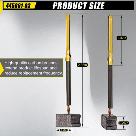 Hella Durable Job Site Essential Eight Pack Replacement Electric Motor Carbon Brushes Part Numbers 445861 03 And 445861 25 showing size dimensions.