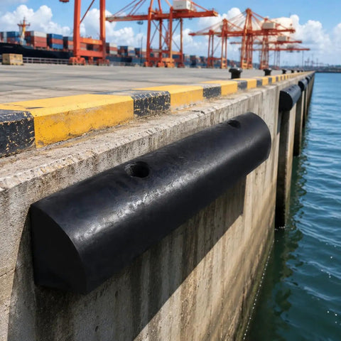 Semi Circular Rubber Dock Guard With Extruded Rubber Rail for outer wheel and port docks in installed position