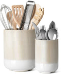 Two Piece Ceramic Utensil Holder Set For Kitchen Counter With Fluted Warm White Glaze Large 7.3 Inch And Small 5.4 Inch Crocks