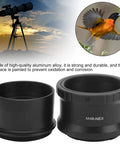 M48x0.75mm Telescope Adapter To NEX Lens For EMount Cameras, aluminum alloy, showing two-piece set and telescope silhouette.