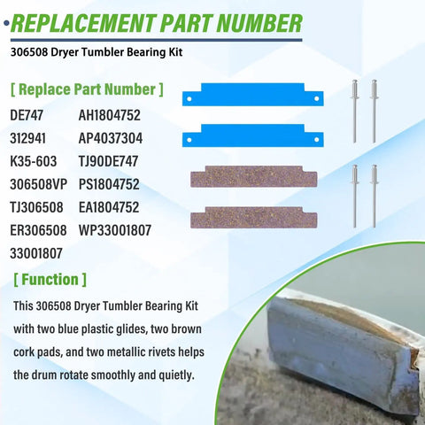 Replacement part list and image of dryer tumbler bearing kit with cork pads and rivets for Neptune 3000-9000 series dryers.