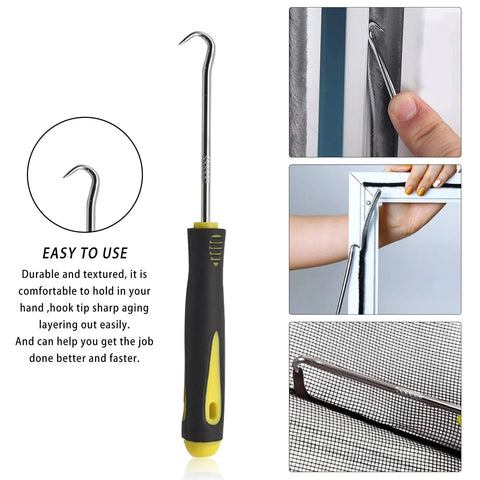 Three Piece Screen Tool Kit With Spline Roller Featuring Wooden Handle And Nylon Bearing Wheels, spline removal hook close-up