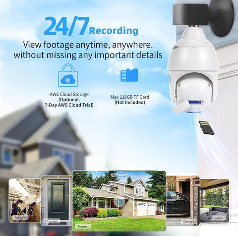 Outdoor Light Bulb Security Camera 2K 4MP with 360 degree view, displaying 24/7 recording and cloud storage features.