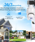 2K 4MP Light Bulb Security Camera With 360 Degree Dome, Wireless WiFi, 2 Way Audio, Motion Auto Tracking, Color Night Vision, IP65 Waterproof, 4 Inch Bulb Cam Fits E26 Fixtures shown monitoring home surveillance