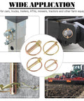 Heavy Duty Lynch Pin Assortment Kit With 30 Pcs, spring-loaded yellow zinc plated pins shown on farm equipment and close-up views.