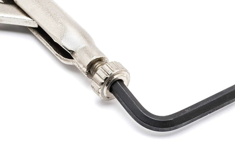 Close-up of knurled adjustment screw with hex key receiver on a Five Piece Curved And Long Nose Locking Pliers Set With Wire Cutter Angled Teeth.