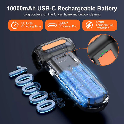 10000mAh USB-C rechargeable battery feature of 2 In 1 Go Anywhere Cordless Air Duster And Mini Vacuum with charging details