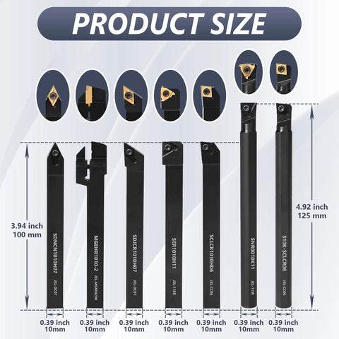 Indexable Lathe Turning Tools Set With Three Eighths Inch And Ten Millimeter Shanks Seven Tool Holders And Fourteen Carbide Inserts