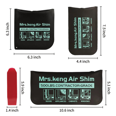 Air Wedge Bag Kit Three Size Set With 500 Lb Rating and dimensions in black and red rectangular bags