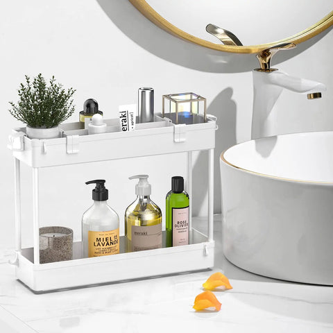 Compact 3 Tier Storage Cart With Rolling Utility Wheels, slim design, white finish, organized toiletries in bathroom setting.