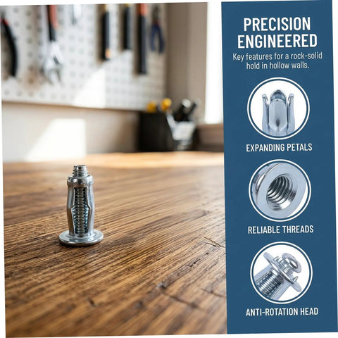 Beefy Heavy Duty Metal Expansion Bolt Kit 35 Piece Petal Nut Fasteners For Hollow Wall And Plasterboard M4 M5 M6 Secure Fastening For Home Repairs DIY Projects And Installations, metal bolt close-up