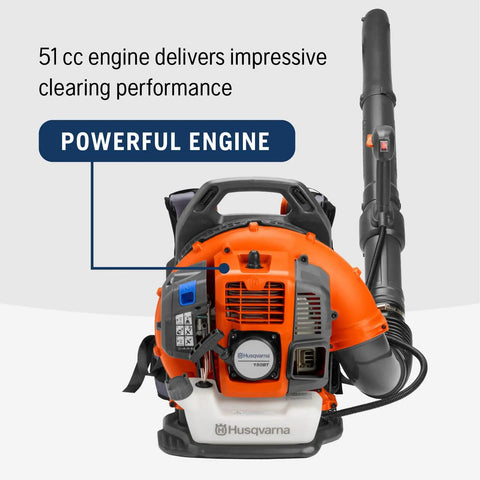 Gas Backpack Leaf Blower With 51cc 2.16 HP Two-Cycle Engine 765 CFM Air Flow At 270 MPH Ergonomic Harness System displayed