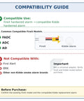 Compatibility guide for Quick Convert KA-F2 Firex Adapter For Easy Alarm Retrofit, 2 Pack. Shows compatible and non-compatible models.