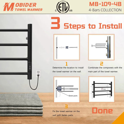 Heated Towel Warmer Rack With Timer For Bathroom Wall Mounted Plug In Towel Heater installation steps diagram MB 109 4B